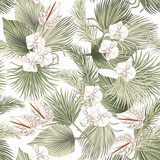 Tropical floral boho dried palm leaves, orchid anthurium flower seamless pattern white background. Exotic jungle wallpaper.
