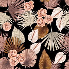 Tropical Floral Boho Dried Palm Leaves, Rose, Anthurium Flower Seamless Pattern Black Background. Exotic Jungle Wallpaper.