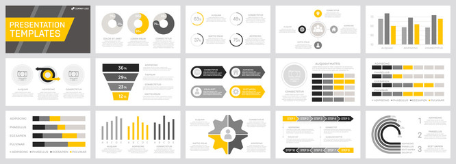 Wall Mural - Set of yellow, grey and black elements for multipurpose presentation template slides with graphs and charts.