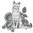 Maine coon cat portrait with floral wreath. Hand drawn vector illustration.