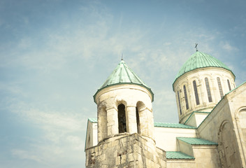 bells tower with bell and exterior architecture o Kutaisi BAgrati cathedral. Georgia.  SAkartvelo.2020