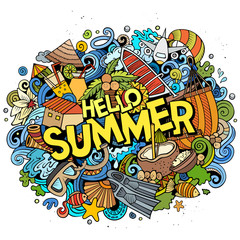 Wall Mural - Hello Summer hand drawn cartoon doodles illustration. Funny seasonal design.