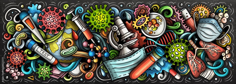 Coronavirus hand drawn cartoon doodles illustration. Colorful vector banner - obrazy, fototapety, plakaty 
