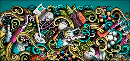 Wall Mural - science hand drawn doodle banner. cartoon detailed flyer.