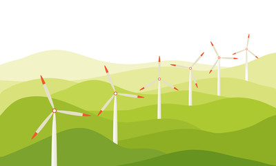 wind turbines provide green energy on green fields, concept flat vector illustration