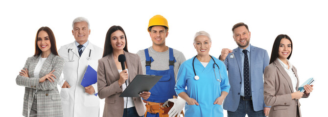 Sticker - Collage with people of different professions on white background. Banner design