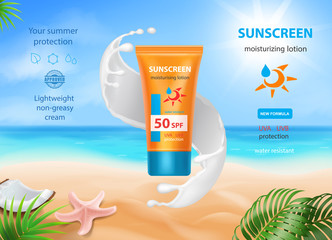 Sun protection sunscreen Tube in sunblock cream splash. UV protection milk on ocean and tropical beach concept advertising Vector illustration