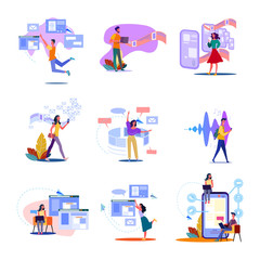 digital technology set. man and woman using smartphones, laptop for work, wireless internet. flat il