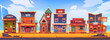 Western town with old wooden buildings. Wild west landscape for game gui. Vector cartoon illustration of wild west city street with catholic church, saloon, sheriff office, bank, hotel and store