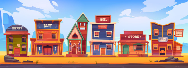 western town with old wooden buildings. wild west landscape for game gui. vector cartoon illustratio