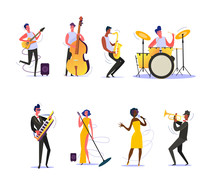 Set Of Musicians Performing On Scene. Group Of Musicians Singing And Playing Musical Instruments. Performance Concept. Illustration Can Be Used For Presentation, Project, Webpage