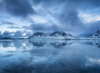 Wall Mural - Skagsanden beach, Lofoten islands, Norway. Mountains, beach and wave. Winter landscape near the ocean. Norway - travel