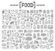 © Ladychelyabinsk - Vector cartoon set on the theme of food. Isolated doodles of fruits, vegetables, bakery products, meat, sausage, grocery on white background. Hand drawn elements
