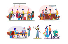 Leisure Time Together Illustration Set. Family Couple Walking With Child, Friends Meeting In Bar Or Cafe. Communication Concept. Illustration For Banners, Posters, Website Design