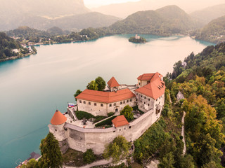 Wall Mural - Aerial view of Lake Bled and the castle of Bled, Slovenia, Europe. Aerial drone photography.