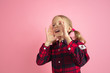 © master1305 - Calling, shouting. Caucasian little girl's portrait on pink studio background. Beautiful female model with blonde hair. Concept of human emotions, facial expression, sales, ad, youth, childhood.
