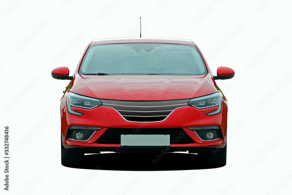 red passenger car on a white background front view - obrazy, fototapety, plakaty 