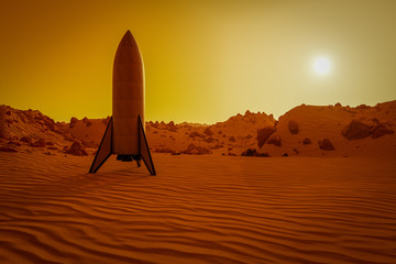Wall Mural - a rocket stands in the red desert of mars (3d rendering)