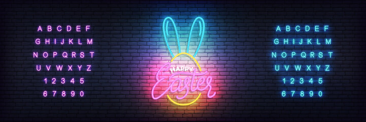 Wall Mural - Easter neon template. Glowing label for Easter and alphabet