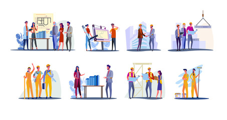 Real estate development set. Architects working on building design, foreman and engineer shaking hand. Flat illustrations. Construction concept for banner, website design or landing web page