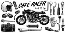 Motorcycle Repair. Set Of Tools For The Cafe Racer. Bike Gloves Helmet Instruments For Motor Bicycle. Mending And Renovation Of Vehicles. Hand Drawn Engraved Monochrome Sketch For Labels Or Posters.