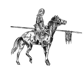 Wall Mural - Medieval armed knight riding a horse. Historical ancient military character. Prince with a spear and a flag. Ancient fighter. Vintage vector sketch. Engraved hand drawn illustration.