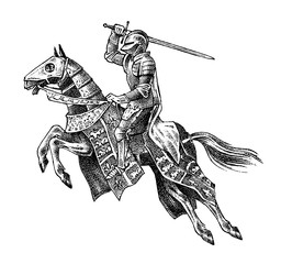 Wall Mural - Medieval armed knight riding a horse. Historical ancient military character. Prince with a sword and shield. Ancient fighter. Vintage vector sketch. Engraved hand drawn illustration.