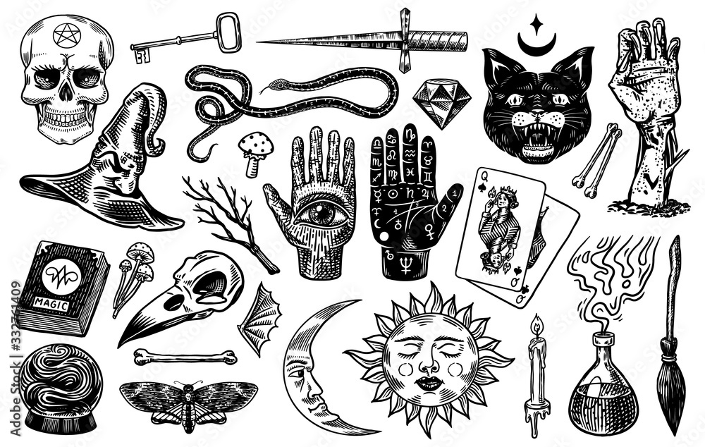 Mystical magic boho elements. Witchcraft voodoo astrological set. Esoteric alchemy occult sketch for tattoo. Palmistry and skull, the hand of a dead man. Drawn Engraved Game Cards and Black Cat. - obrazy, fototapety, plakaty 