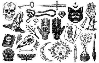 mystical magic boho elements. witchcraft voodoo astrological set. esoteric alchemy occult sketch for
