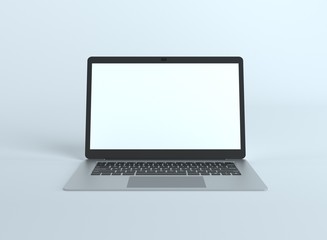 3D realistic laptop mockup.Laptop with blank white display, device screen frame and grey laptop on the light white background. 3D Mock up for your design.