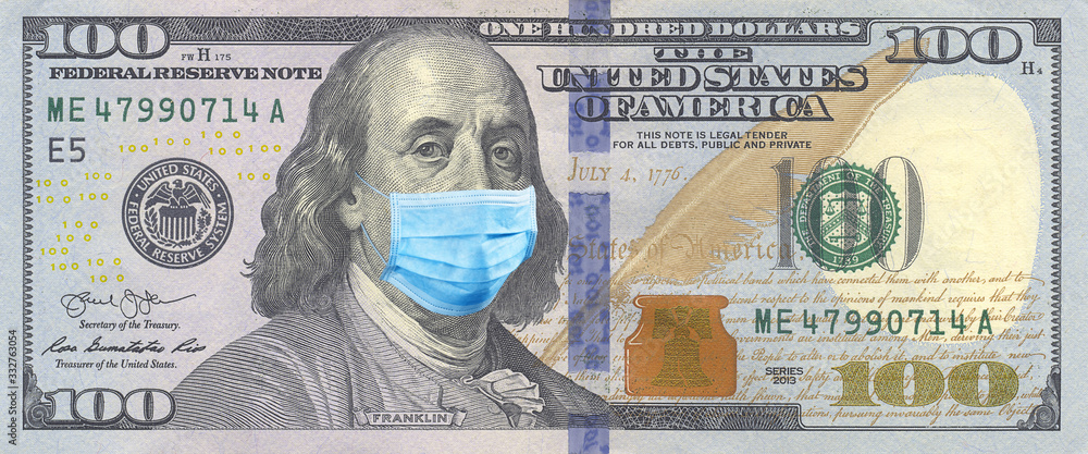 100 bills with Benjamin Franklin in a medical mask. Coronavirus in United States. One Hundred Dollar Bill With Medical Face Mask. Crisis, quarantine, recession and finance concept. - obrazy, fototapety, plakaty 