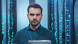 © Fractal Pictures - Caucasian IT engineer working on digital tablet in technological server room. Portrait of smart specialist standing in corridor of data center network storage.