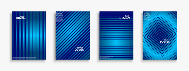 Collection of digital contemporary covers, templates, posters, placards, brochures, banners, flyers and etc. Abstract striped futuristic backgrounds with gradient. Blue halftone technology design