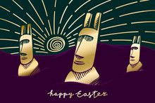 Happy Easter Inverted Golden Comic Concept With Easter Island Moai Statues Having Rabbit Ears And Beaming Sun Over Undulating Landscape - Multicolor On Similar Background - Hand Drawn Design