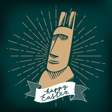 Happy Easter Inverted Comic Concept With Hand Drawn Easter Island Moai Statue Having Rabit Ears Over Rays Circle And Logo Lettering - Gold On Dark Background - Contrast Graphic Design
