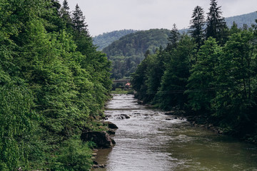 River on mountains background. Beautiful mountain river