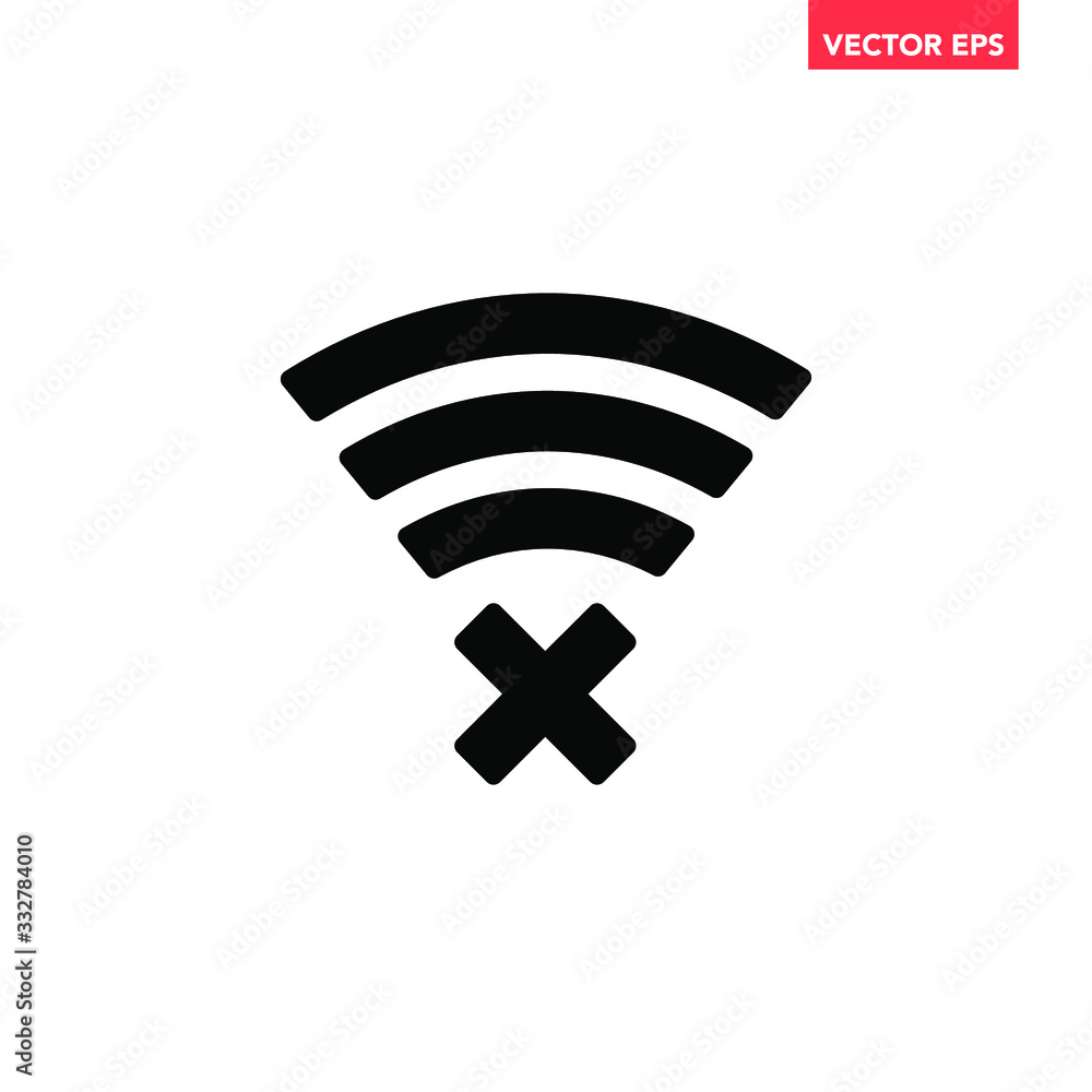 Black no wifi connection icon, can't found waves, simple line lost signal  failed mistake flat, image size:1000x1000