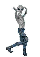 Wall Mural - grey alien on military ready to win in white background