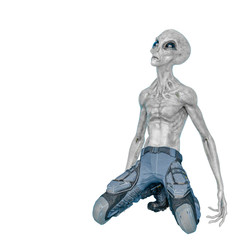 Wall Mural - grey alien on military ready to win in white background