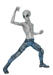 Wall Mural - grey alien on military ready to win in white background