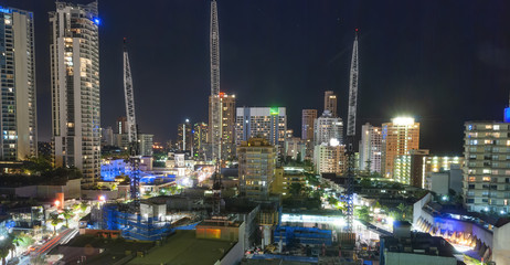 Sticker - Surfers Paradise, Gold Coast. City skyscrapers and buildings at night, aerial view, Australia