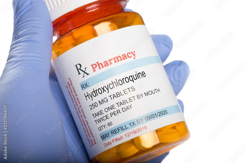 Generic Medication Hydroxychloroquine Prescription Bottle Held By Gloved Hand - obrazy, fototapety, plakaty 