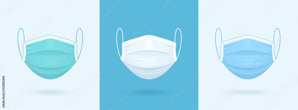 White, Blue, Green Medical or Surgical Face Mask. Virus Protection. Breathing Respirator Mask. Health Care Concept. Vector Illustration - obrazy, fototapety, plakaty 