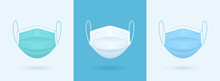 White, Blue, Green Medical Or Surgical Face Mask. Virus Protection. Breathing Respirator Mask. Health Care Concept. Vector Illustration