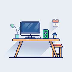 Workspace Vector Icon Illustration. Monitor And Laptop On Table. Workspace Icon Concept White Isolated. Flat Cartoon Style Suitable for Web Landing Page, Banner, Flyer, Sticker, Card, Background