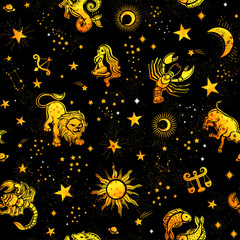 Wall Mural - Space Galaxy constellation seamless pattern print could be used for textile, zodiac star yoga mat, phone case