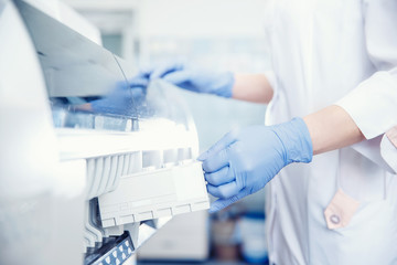 Wall Mural - bioengineer installs blood plasma sample in automatic tester for dna analysis and checks response to