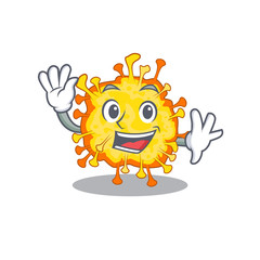 Sticker - Smiley minacovirus cartoon mascot design with waving hand