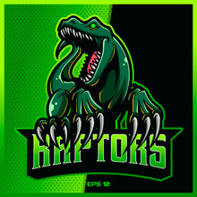 Angry Green Raptors Roar Esport And Sport Mascot Logo Design In Modern Illustration Concept For Team Badge, Emblem And Thirst Printing. Raptors Illustration On Green Background. Vector Illustration