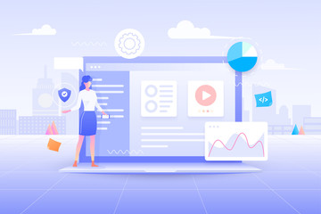 Wall Mural - flat design of web development, user interface application design, coding and programming on laptop 